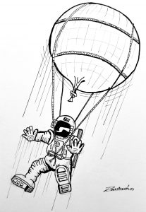 Inktober 2023. Dibujo de astronauta ascendiendo con un globo