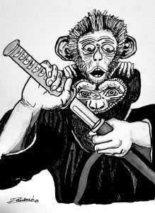 Dibujo para inktober 2023 de un mono sujetando una espada
