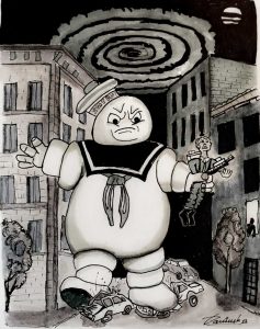 Inktober, dibujo de un Rechoncho Marshmallows de Cazafantasmas atacando la ciudad