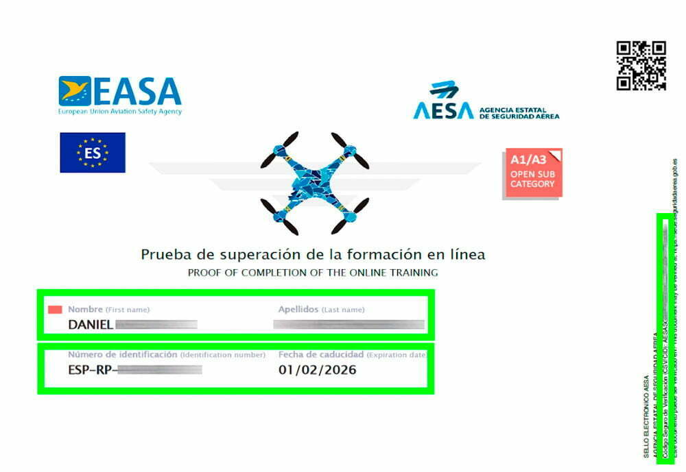 Certificado AESA piloto drones UAS. Prueba de superación formación en línea. tarjeta de piloto gratis