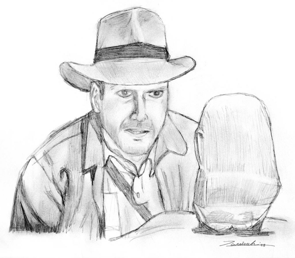 Dibujo a lápiz de Indiana Jones, inspirado en la película "En busca del Arca perdida"