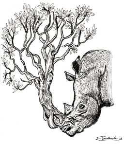 Dibujo surrealista de rinoceronte con cuerno de olivo