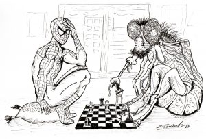 Dibujo surrelista de Spiderman jugando al ajedrez con Mosca mutante