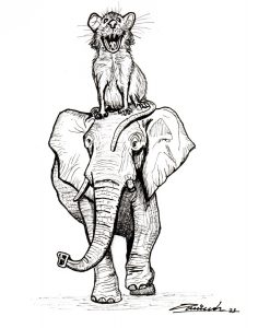 Dibujo surrealista de un elefante con una rata gigante en la cabeza